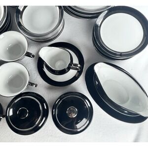 VTG MCM Fine China Tea Party Japan Modern Black Silver White LOT OF 63